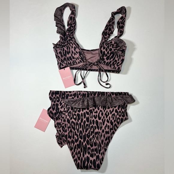 🆕 NWT Juicy Couture Leopard Bikini Swimsuit Bralette Ruffle Tie Back Size Large - Picture 6 of 16